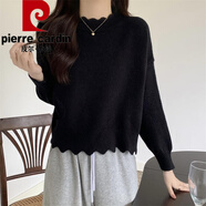 皮爾卡丹（pierre cardin）日系甜美半高領(lǐng)短款毛衣外套女秋冬新款寬松學(xué)院風(fēng)花邊打底針織衫 黑色 S