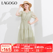 LAGOGO【萊賽爾】荷葉邊系帶連衣裙女拉谷谷夏新款收腰泡泡袖裙子 淺綠色(L8) S