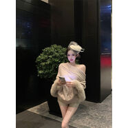 小紅書(shū)同款一字肩覆古慵懶長(cháng)袖套頭毛衣女秋季麻花寬松針織衫設計 毛衣+毛袖 均碼