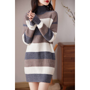 小紅書(shū)爆款秋冬新款高領(lǐng)澳洲100%純羊毛衫女中長(cháng)款套頭橫條紋毛衣 深灰領(lǐng) S 均碼