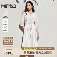 尚都比拉度假連衣裙女秋季七分袖鏤空刺繡優(yōu)雅氣質(zhì)A字裙V領(lǐng)系帶顯瘦中長裙