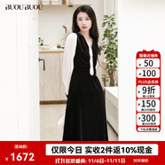 BUOUBUOU2025年秋商場同款法式優(yōu)雅釘珠光澤絲絨雪紡V領(lǐng)連衣裙 黑色B88 L