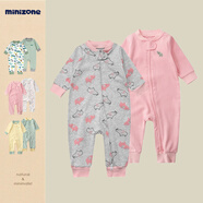 minizone2件裝春秋寶寶新生兒嬰兒斜開(kāi)拉鏈長(cháng)袖連體衣哈衣爬服寶寶衣服 粉色小象組合 90cm