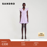 SANDRO春夏女裝法式優(yōu)雅紫色小飛袖雛菊鏤空V領(lǐng)收腰短款連衣裙 I046/紫色 S