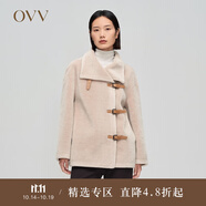 OVV2023秋冬新款女裝羊毛毛絨感大翻領(lǐng)皮袢裝飾中款大衣 卡其（凈色）C4 M