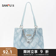三?？姘驴畎蓍e通勤女包多巴胺大容量單肩包托特包458518 藍(lán)色牛仔 大