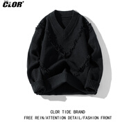 CLOR美式V領(lǐng)毛衣男內搭冬季寬松慵懶風(fēng)高級感百搭針織衫MYC07黑色M