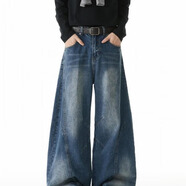 DS牛仔褲男美式高街復古闊腿褲寬松直筒長(cháng)褲高腰休閑褲子男 深藍色 常規 S