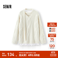 森馬（Semir）毛衣女冬圍巾蕾絲V領(lǐng)絞花寬松2025新款慵懶優(yōu)雅小性感套頭衫 白色調(diào)00311 XS