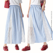 UNIFREE藍白格紋半身裙韓版蕾絲拼接鏤空寬松長(cháng)款裙子 藍色  均碼 