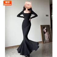 婍妡步步生蓮方領(lǐng)長袖魚尾包臂連衣裙女秋氣質(zhì)修身收腰顯瘦性感長裙子 黑色 S