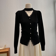 俞兆林（YUZHAOLIN）法式蕾絲花邊V領(lǐng)圍脖針織衫女2025秋季新款內搭顯瘦開(kāi)叉短款毛衣 黑色 均碼