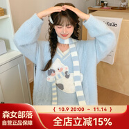 森女部落甜美風(fēng)藍(lán)色可愛貓咪刺繡V領(lǐng)毛衣女寬松長袖毛衣2025新款 藍(lán)色毛衣 L