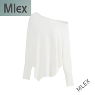 MLEX南柚蝙蝠袖斜肩長(cháng)袖針織衫女穿搭新款寬松軟糯慵懶松弛感露肩毛衣 奶杏色 S