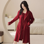 飄果睡袍女長(cháng)袖純棉中長(cháng)款春秋季薄款全棉可愛(ài)性感浴袍睡衣家居服 86680(紅色兩件套有吊帶) L (165) 體重102-118