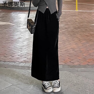 圣娜妮斯金絲絨半身裙女秋冬小個子加碼裙士直半長裙春開衩高腰寬松修身看 黑色 L 100-115斤