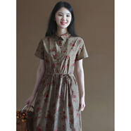 三五年復古純棉印花襯衫裙文藝收腰短袖中長(cháng)款連衣裙a森女夏 卡其色系底印花 S
