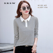SRSW 春秋新款長(cháng)袖T恤女條紋POLO領(lǐng)打底衫女日韓休閑百搭上衣t恤顯瘦 黑色條紋 L （建議105-115斤）