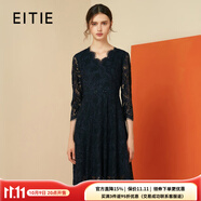 愛特愛（EITIE）秋冬新品商場同款優(yōu)雅V領(lǐng)睫毛蕾絲收腰顯瘦連衣裙6007742 深藍(lán)31 S 155