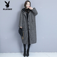 花花公子（PLAYBOY）連帽毛呢外套女裝180斤大碼秋冬呢子大衣韓版寬松中長(cháng)款加絨加厚 黑色 加絨 加厚 M 【90-105斤】