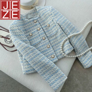 JEZE溫柔浪漫風(fēng)奶藍(lán)色珍珠扣小香風(fēng)外套女春秋季新款圓領(lǐng)長袖編織西裝 藍(lán)色【z】 M 90-105斤