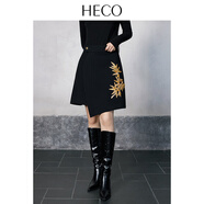 HECO【墨竹】新中式手工亮片刺繡半身裙女秋冬a字短裙 黑色    S   