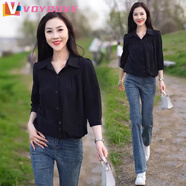 VOYDOVE夏季七分袖襯衫女顯瘦時(shí)尚減齡2025新款洋氣休閑寬松打底襯衣 黑色【z】 XL 115-125斤