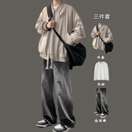 VZVG冬季潮流新款外套男套裝保暖棉服夾克冬天美式男裝棉衣搭配三件套 a【3件裝】MY32棉衣卡其+長(cháng)T+常 M