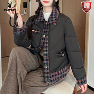 花花公子（PLAYBOY）2025秋冬季小香風(fēng)拼接羽絨服小個(gè)子女生短款,時(shí)尚格紋翻領(lǐng)保暖服 官方旗艦黑色 59 官方旗艦M 衣長(cháng)59 胸圍110 肩寬59
