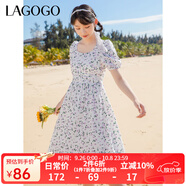 LAGOGO法式方領泡泡袖連衣裙女拉谷谷春夏新款碎花系帶收腰長裙 混色（Y0） S 155/36