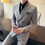賓裕狼戧駁領(lǐng)雙排扣西服男修身套裝條紋小西裝職業(yè)正裝新郎痞帥結(jié)婚禮服 灰色 M