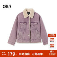 森馬（Semir）牛仔外套女拼接仿兔毛翻領寬松港風冬季落肩夾棉夾克103724108001