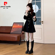 皮爾卡丹（pierre cardin）小個(gè)子黑色毛呢大衣連衣裙2025秋冬新款冬季加厚小香風(fēng)呢子外套女 黑色短款 2XL