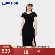 FILA FUSION斐樂潮牌女子針織連衣裙秋新款簡約修身長款裙子 正黑色-BK L