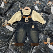 兒童加絨牛仔背帶褲男童加厚寶寶褲子洋氣長(cháng)褲嬰兒牛仔褲秋冬新款 小狗牛仔背帶褲 均碼 根據建議尺碼拍