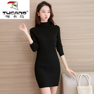 啄木鳥(niǎo)（TUCANO）秋冬款中長(cháng)款半高領(lǐng)毛衣連衣裙女內搭修身厚款打底針織衫包臀裙 黑色 M
