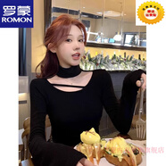 羅蒙（ROMON）半高領(lǐng)鏤空掛脖針織打底衫女秋冬皮草內搭毛衣辣妹純欲露鎖骨上衣 黑色 S