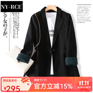 NY-RCE韓國網(wǎng)紅小西裝外套女新款春秋季韓版百搭寬松休閑西服上衣套裝 黑色(中長款) 3XL (140-160斤)