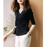 燕潯新款早春裹式V領(lǐng)修身針織衫女打底衫內搭新款氣質(zhì)顯瘦女裝毛衣女 黑色七分袖 均碼