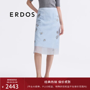 ERDOS 25春夏真絲歐根紗層疊設(shè)計亮片花朵刺繡輕禮服女半身裙 天青色 L 170/72A
