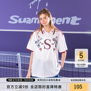 SuaMoment三道杠花卉繡花短袖T恤男女夏季休閑寬松百搭運(yùn)動(dòng)體恤 米白 L