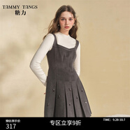 糖力【商場(chǎng)同款】冬季新款鉆飾珠片毛呢吊帶百褶連衣裙女收腰 灰色 M