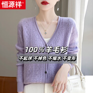 恒源祥秋冬新款100%羊毛開衫女V領長袖寬松顯瘦媽媽打底衫鏤空鉤花毛衣 淺紫色 M