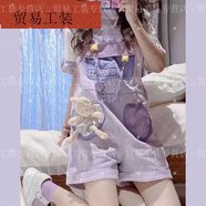 蕉京夏季套裝女學(xué)生韓版日系小眾設計感拼接紫色背帶褲+短袖T恤兩件套 紫色背帶褲單件 xl 建議118-135斤