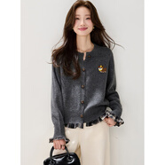 塔馳密司（touchmiss）格子拼接卡通刺繡針織開(kāi)衫女秋季減齡外搭毛衣TM8362QQ 灰色 L