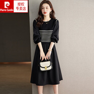 皮爾卡丹（pierre cardin）秋冬時(shí)尚氣質(zhì)羊毛針織套頭連衣裙燈籠袖條紋上衣拼接中長(cháng)款毛衣裙 黑色 M