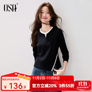 歐莎高階時(shí)尚假兩件T恤女撞色圓領(lǐng)收腰長(zhǎng)袖上衣2025年秋季新款 黑色 S