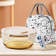 德瑪斯耐熱玻璃保鮮盒微波爐烤箱飯盒上班族便當盒白蓋琥珀大圓+包+餐具