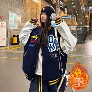 韓惠芷牛仔外套女2025春秋季新款韓版寬松學(xué)生百搭翻領(lǐng)棒球服夾克女裝 A82藏青冬款 【夾棉加厚】 L 【建議100-125斤】