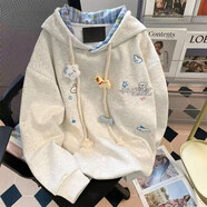 米妮哈魯（MiniZaru）女童衛衣卡通刺繡格紋連帽上衣秋冬加絨新款寬松慵懶設計百搭外套 白灰【2227春秋款】 160 【建議身高150-160cm】